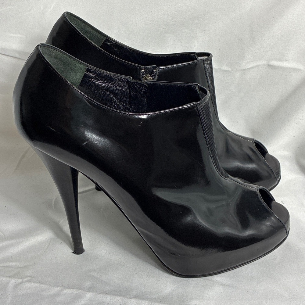Fendi Black Patent Leather Peep Toe Platform Ankle Boots Stiletto Heels Sz 38.5